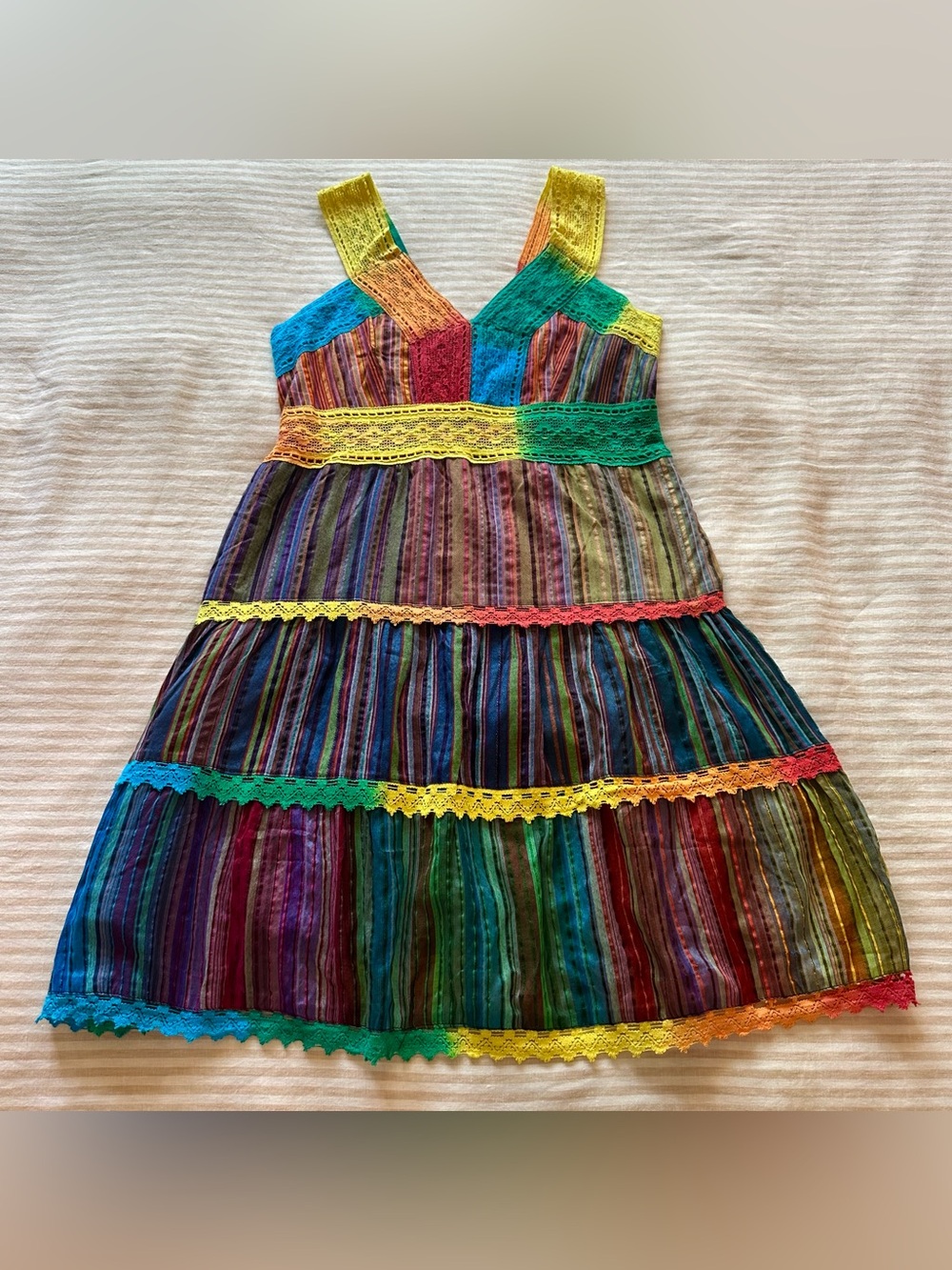 indian emporium rainbow & lace 100% cotton tiered dress / sz small